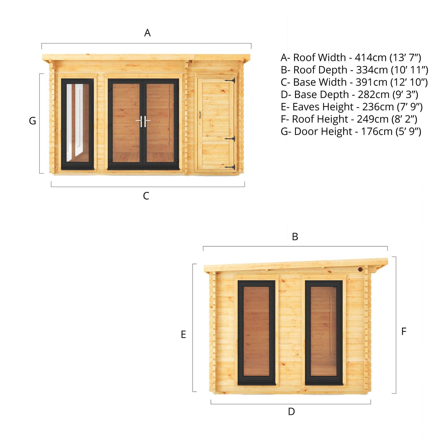 Mercia 4.1m x 3m Studio Pent Log Cabin With Side Shed - 44mm  (UPVC Windows & Door) - Grey