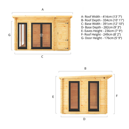 Mercia 4.1m x 3m Studio Pent Log Cabin With Side Shed - 44mm  (UPVC Windows & Door) - Grey