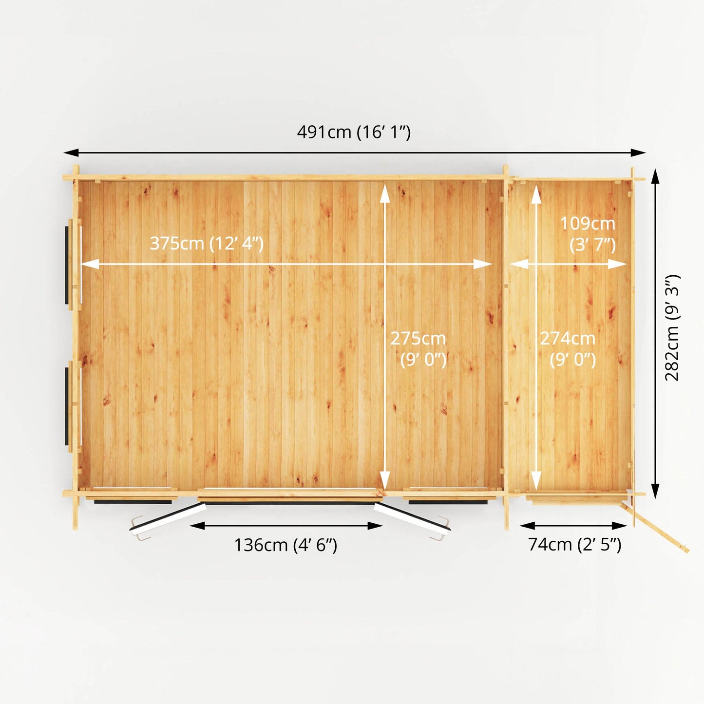 Mercia 5.1m x 3m Studio Pent Log Cabin With Side Shed - 44mm  (UPVC Windows & Door) - Grey