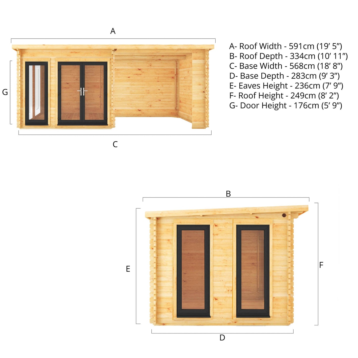 Mercia 6m x 3m Studio Pent Log Cabin With Patio Area - 44mm (UPVC Windows & Door) - Grey