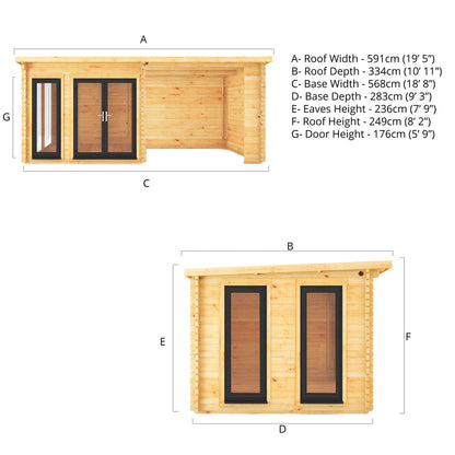Mercia 6m x 3m Studio Pent Log Cabin With Patio Area - 44mm (UPVC Windows & Door) - Grey