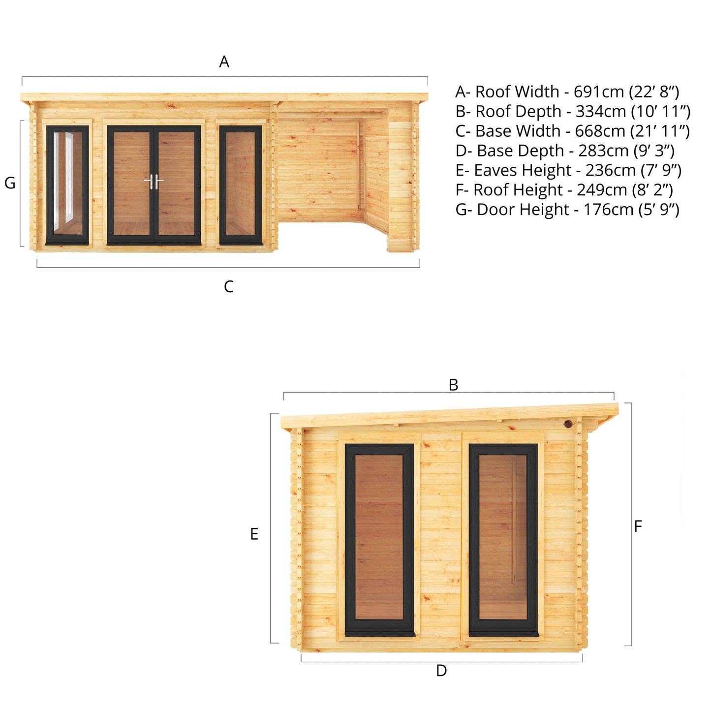 Mercia 7m x 3m Studio Pent Log Cabin With Patio Area - 44mm (UPVC Windows & Door) - Grey