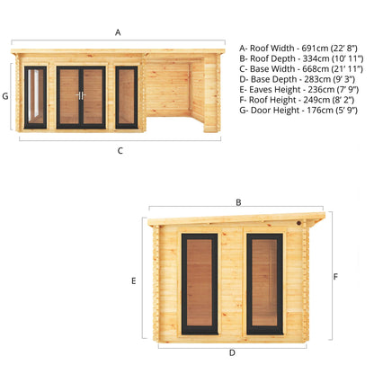 Mercia 7m x 3m Studio Pent Log Cabin With Patio Area - 44mm (UPVC Windows & Door) - Grey