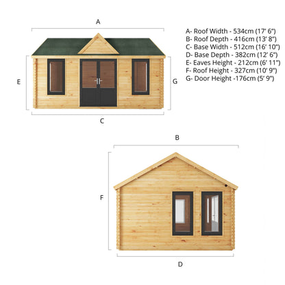 Mercia 5.3m x 4m Clock Tower Log Cabin - 44mm (UPVC Windows & Door) - Grey