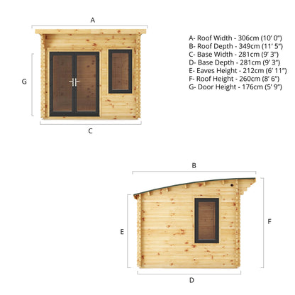 Mercia 3m x 3m Curved Roof Log Cabin - 44mm (UPVC Windows & Door) - Grey