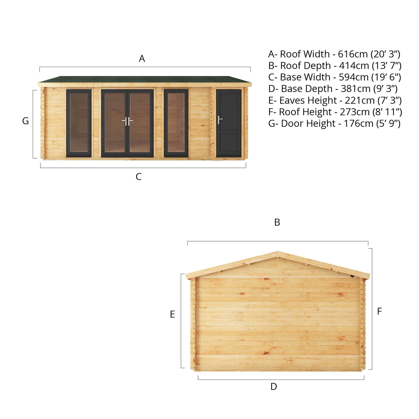 Mercia 6.1m x 4m Home Office Studio With Side Shed - 44mm (UPVC Windows & Door) - Grey