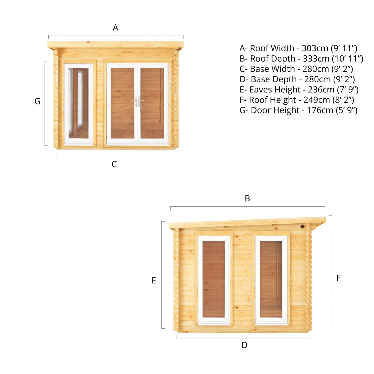 Mercia 3m x 3m Studio Pent Log Cabin - 44mm - (UPVC Windows & Doors) - White