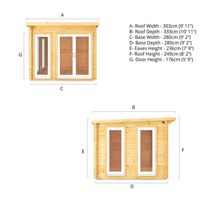 Mercia 3m x 3m Studio Pent Log Cabin - 44mm - (UPVC Windows & Doors) - White
