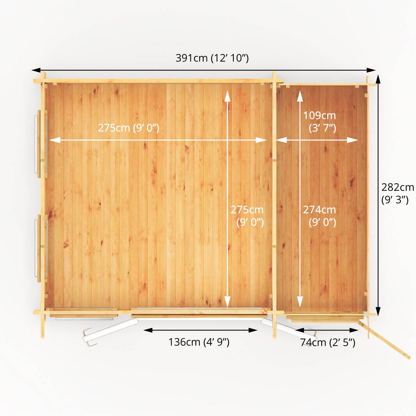 Mercia 4.1m x 3m Studio Pent Log Cabin With Side Shed - 44mm  (UPVC Windows & Door) - White