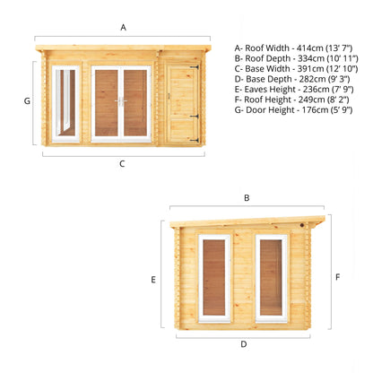 Mercia 4.1m x 3m Studio Pent Log Cabin With Side Shed - 44mm  (UPVC Windows & Door) - White