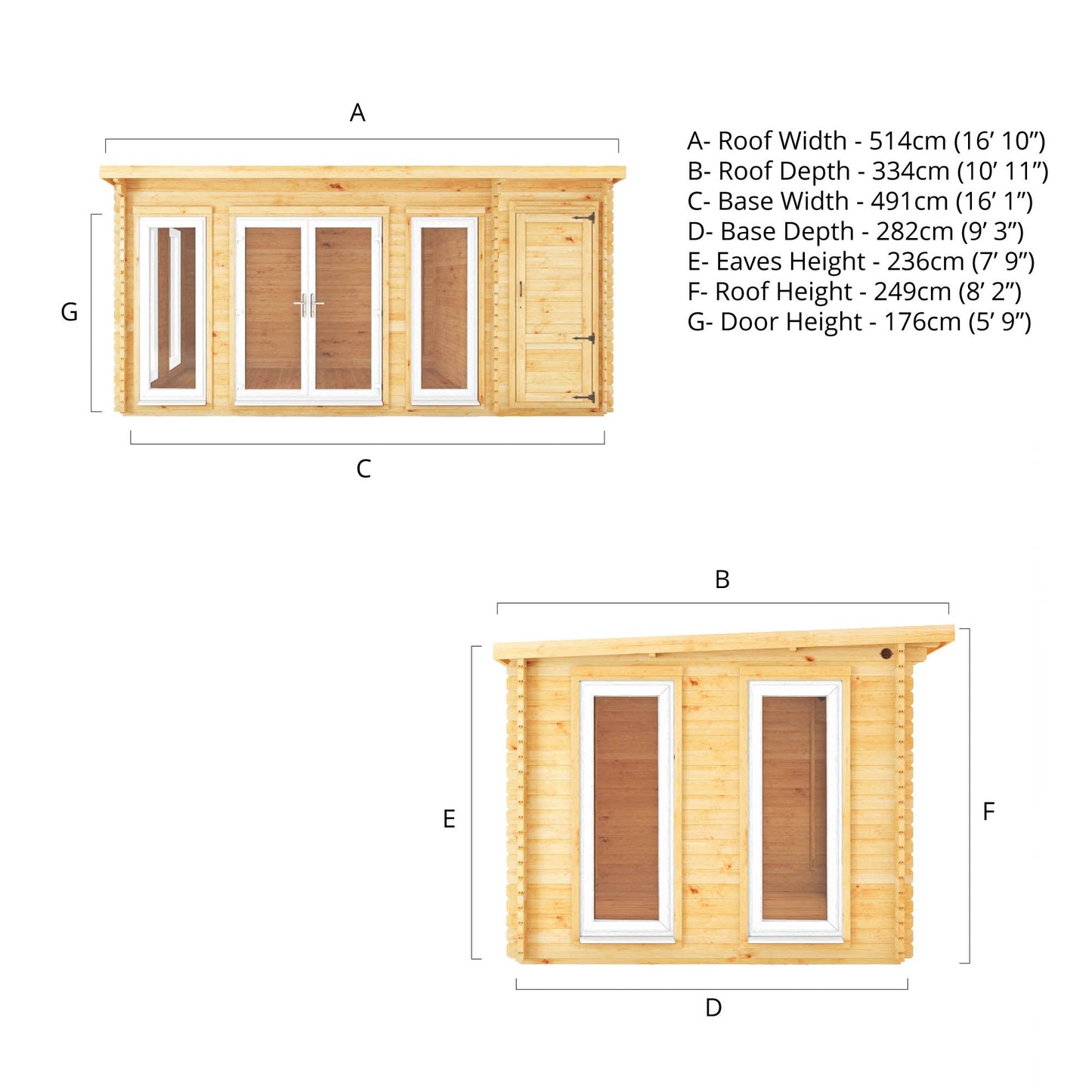 Mercia 5.1m x 3m Studio Pent Log Cabin With Side Shed - 44mm  (UPVC Windows & Door) - White