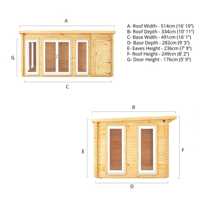 Mercia 5.1m x 3m Studio Pent Log Cabin With Side Shed - 44mm  (UPVC Windows & Door) - White
