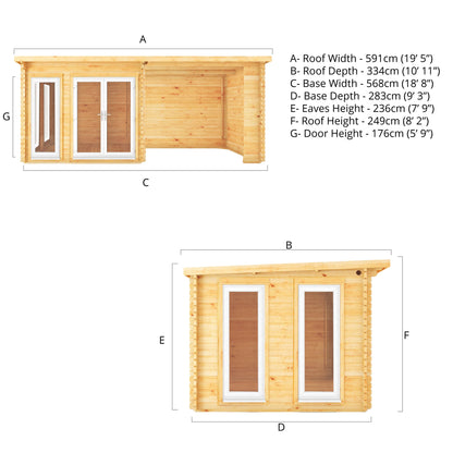 Mercia 6m x 3m Studio Pent Log Cabin With Patio Area - 44mm (UPVC Windows & Door) - White