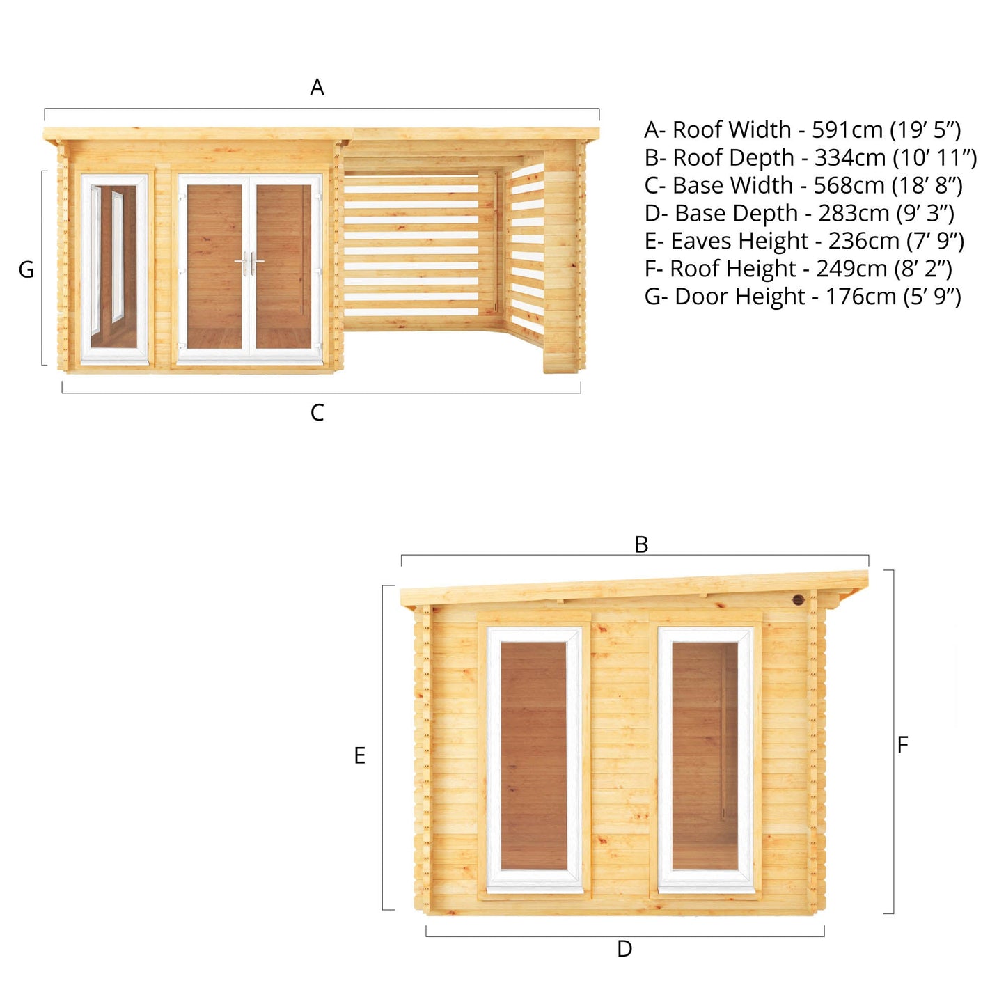 Mercia 6m x 3m Studio Pent Log Cabin With Slatted Area - 44mm (UPVC Windows & Door) - White