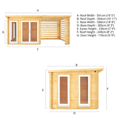 Mercia 6m x 3m Studio Pent Log Cabin With Slatted Area - 44mm (UPVC Windows & Door) - White