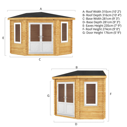 Mercia 3m x 3m Corner Cabin - 44mm (UPVC Windows & Door) - White