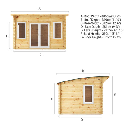 Mercia 4m x 3m Curved Roof Log Cabin - 44mm (UPVC Windows & Door) - White