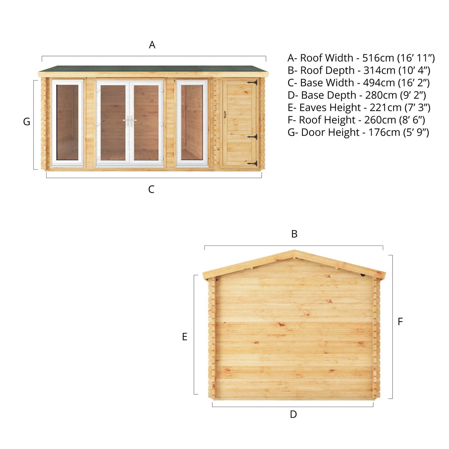 Mercia 5.1m x 3m Home Office Studio With Side Shed - 44mm (UPVC Windows & Door) - White
