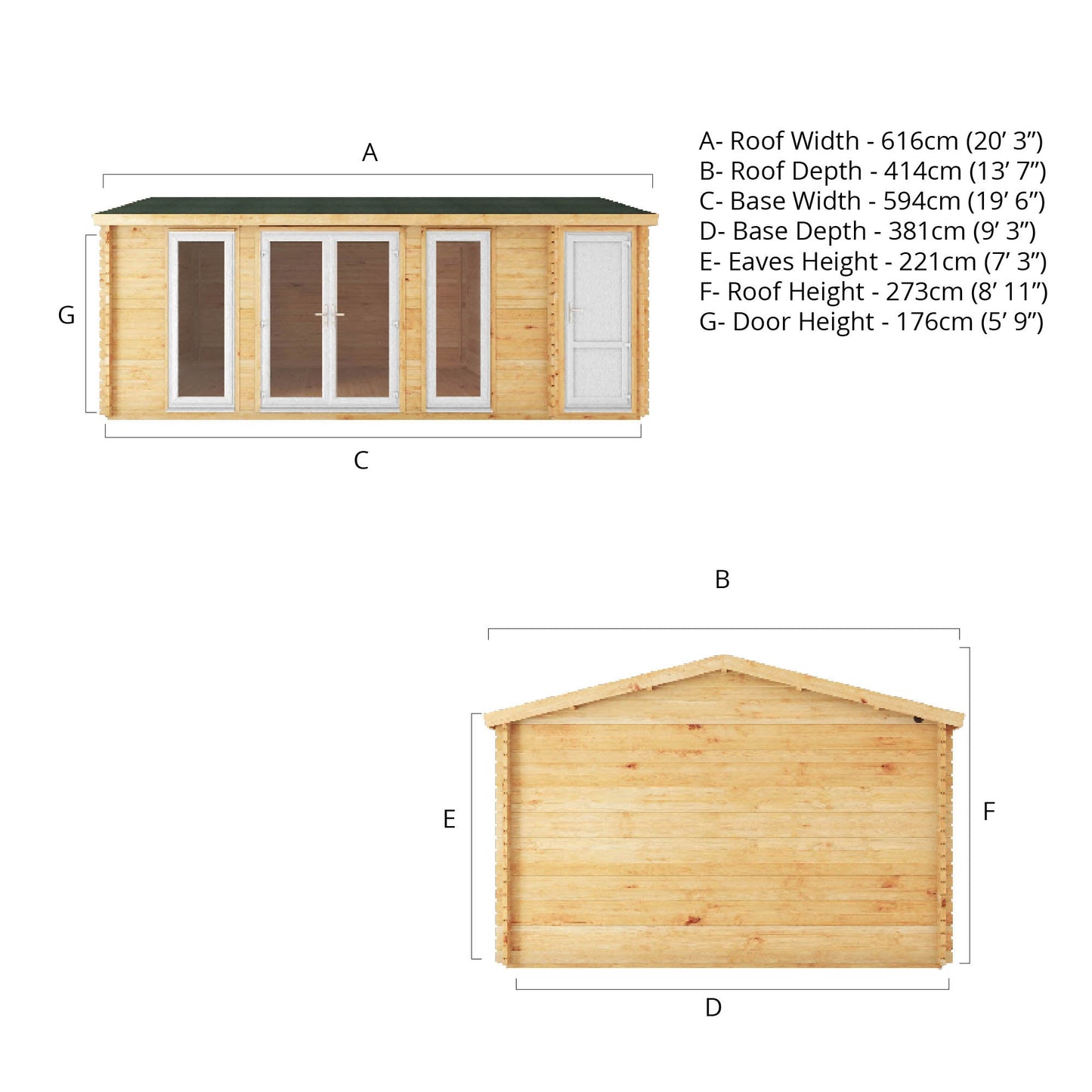 Mercia 6.1m x 4m Home Office Studio With Side Shed - 44mm (UPVC Windows & Door) - White