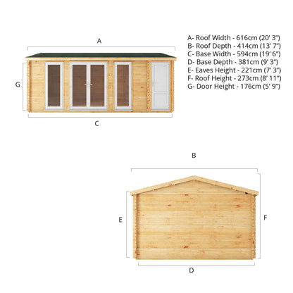 Mercia 6.1m x 4m Home Office Studio With Side Shed - 44mm (UPVC Windows & Door) - White
