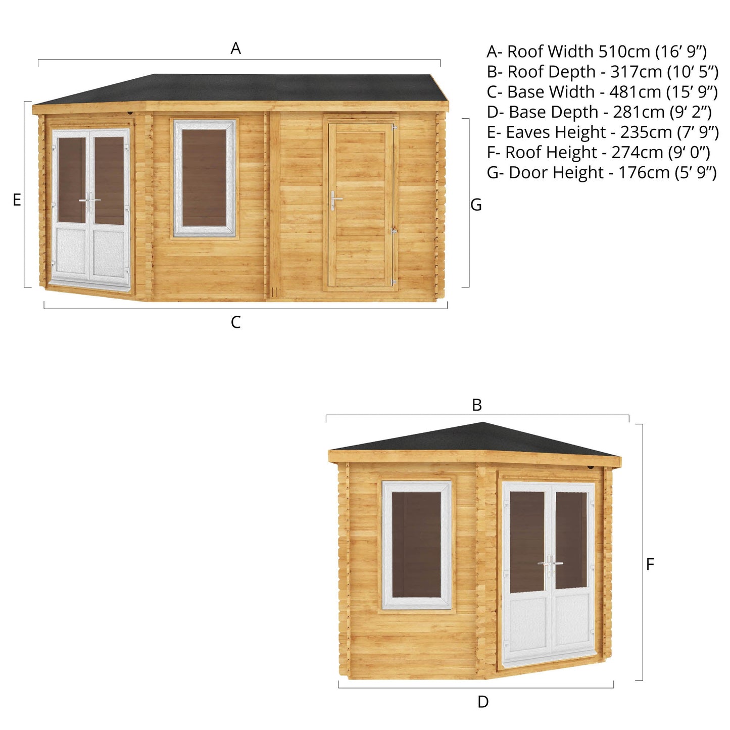 Mercia 5m x 3m Corner Lodge Log Cabin With Side Shed - 44mm (UPVC Windows & Door) - White