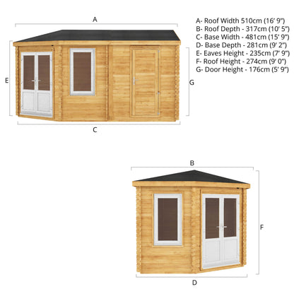 Mercia 5m x 3m Corner Lodge Log Cabin With Side Shed - 44mm (UPVC Windows & Door) - White