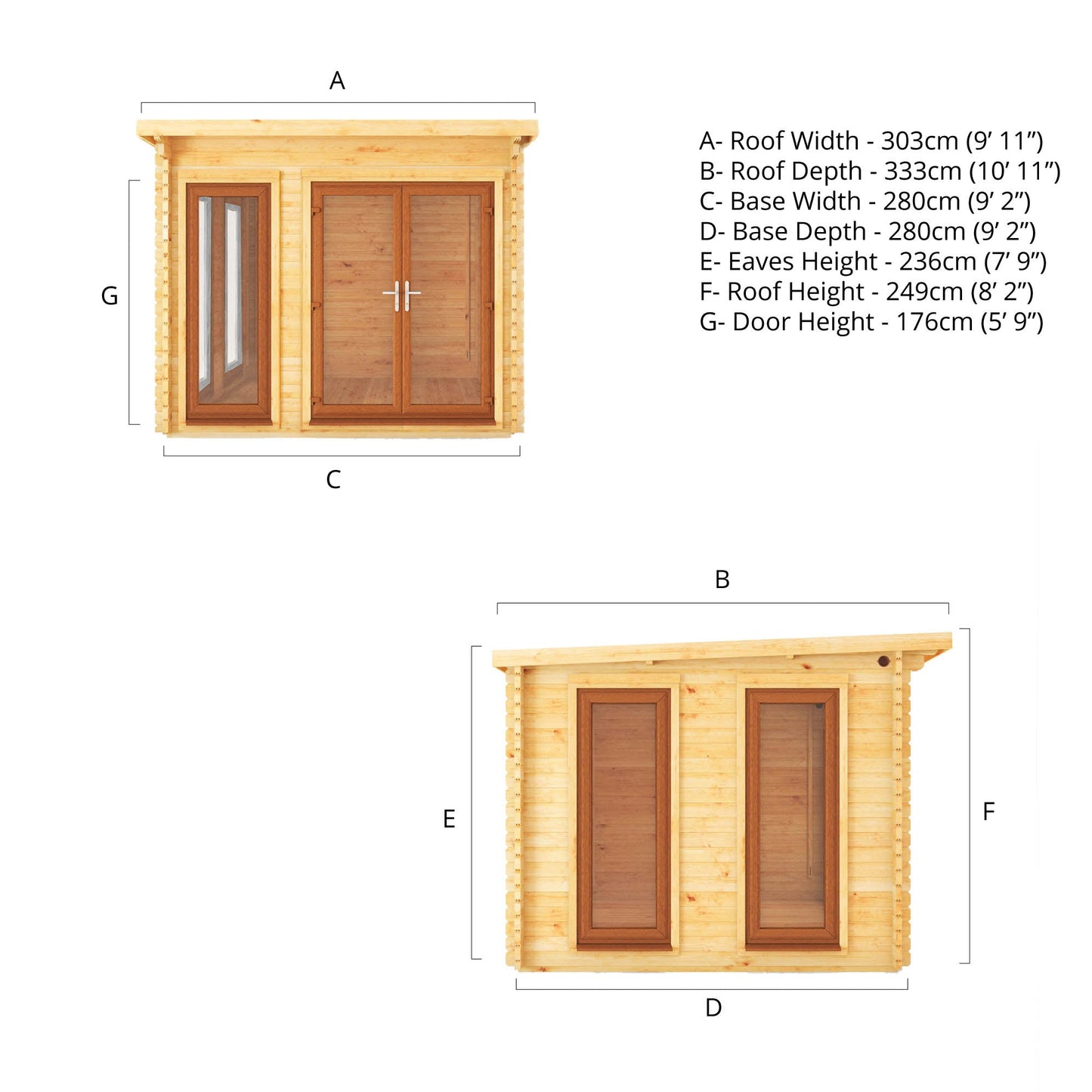 Mercia 3m x 3m Studio Pent Log Cabin - 44mm - (UPVC Windows & Doors) - Oak