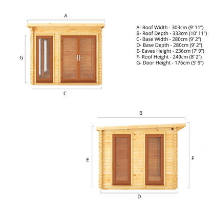 Mercia 3m x 3m Studio Pent Log Cabin - 44mm - (UPVC Windows & Doors) - Oak