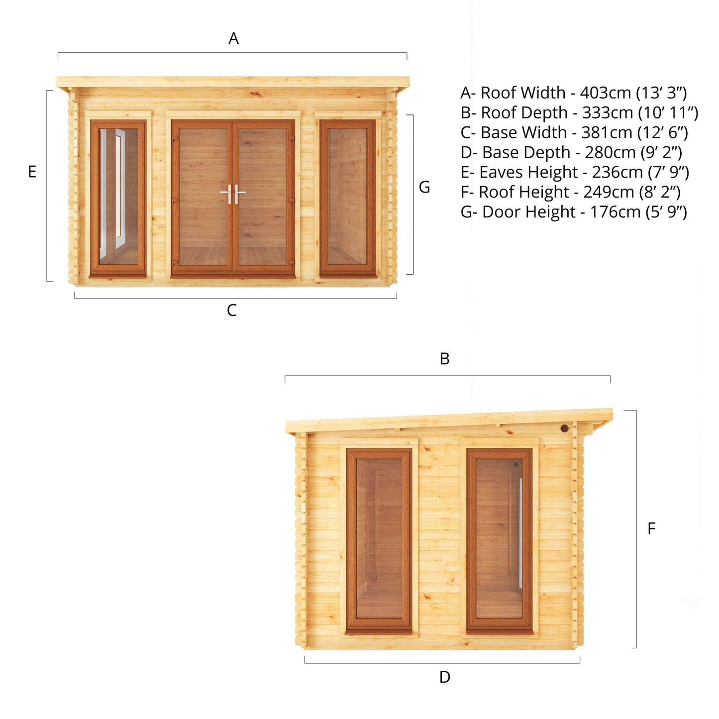 Mercia 4m x 3m Studio Pent Log Cabin - 44mm (UPVC Windows & Door) - Oak