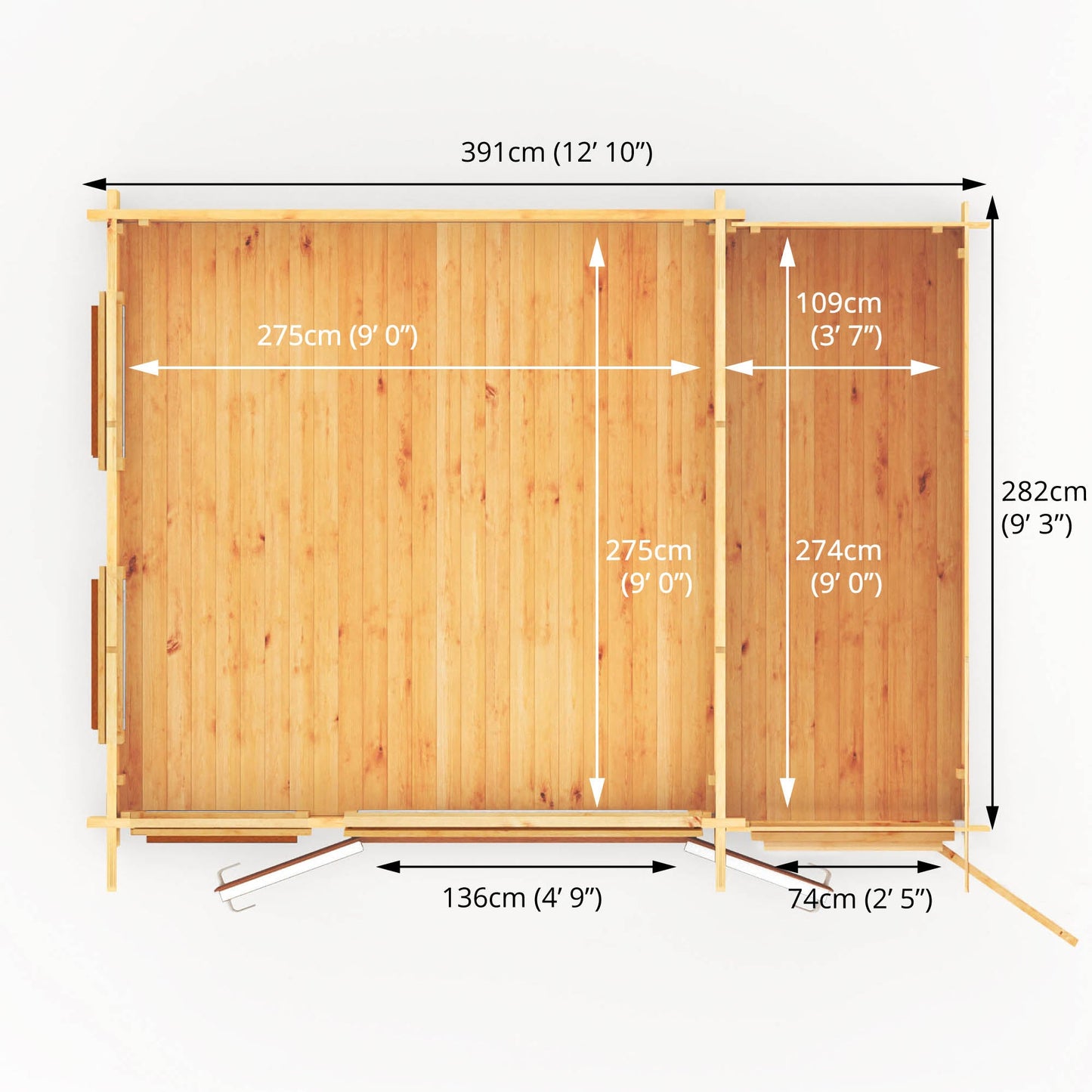 Mercia 4.1m x 3m Studio Pent Log Cabin With Side Shed - 44mm  (UPVC Windows & Door) - Oak
