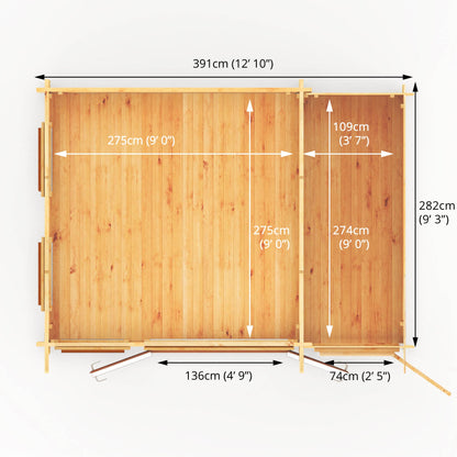 Mercia 4.1m x 3m Studio Pent Log Cabin With Side Shed - 44mm  (UPVC Windows & Door) - Oak