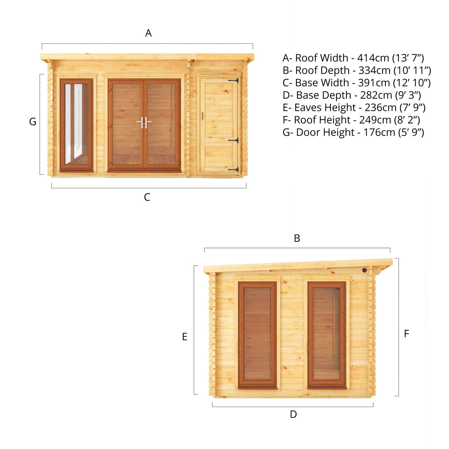 Mercia 4.1m x 3m Studio Pent Log Cabin With Side Shed - 44mm  (UPVC Windows & Door) - Oak