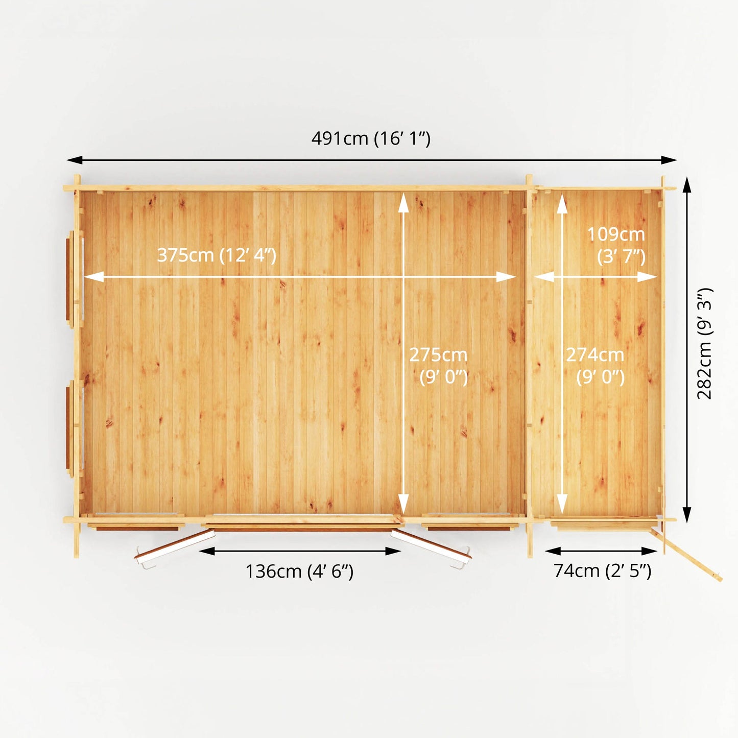 Mercia 5.1m x 3m Studio Pent Log Cabin With Side Shed - 44mm  (UPVC Windows & Door) - Oak
