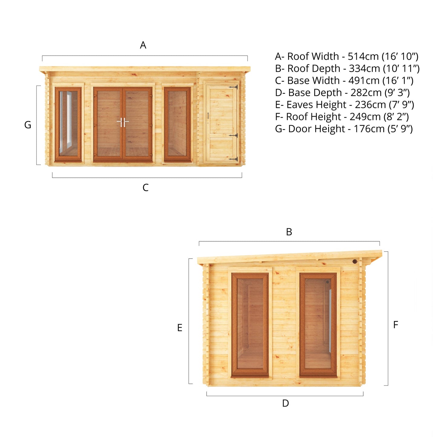Mercia 5.1m x 3m Studio Pent Log Cabin With Side Shed - 44mm  (UPVC Windows & Door) - Oak