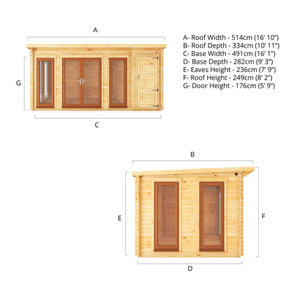 Mercia 5.1m x 3m Studio Pent Log Cabin With Side Shed - 44mm  (UPVC Windows & Door) - Oak