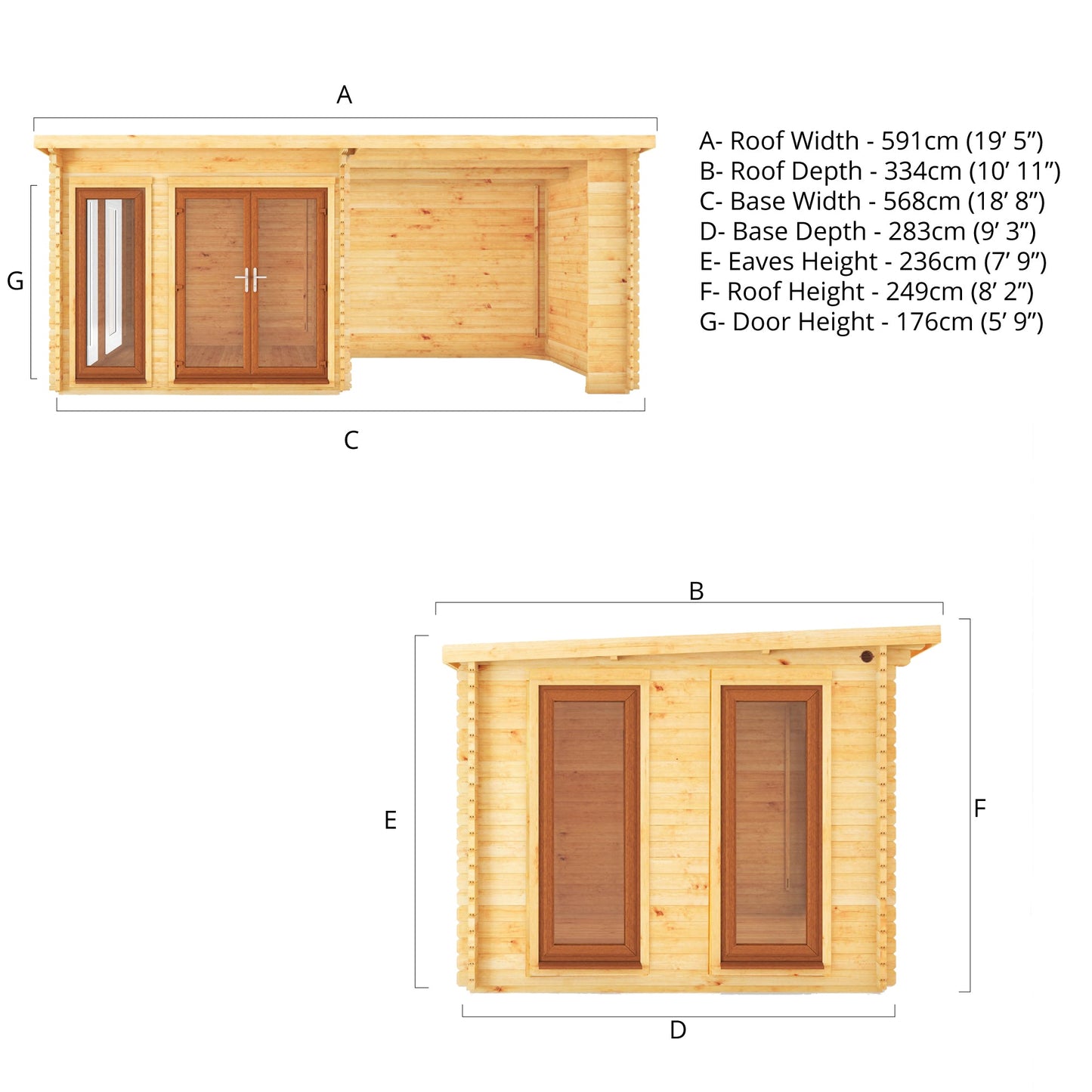 Mercia 6m x 3m Studio Pent Log Cabin With Patio Area - 44mm (UPVC Windows & Door) - Oak