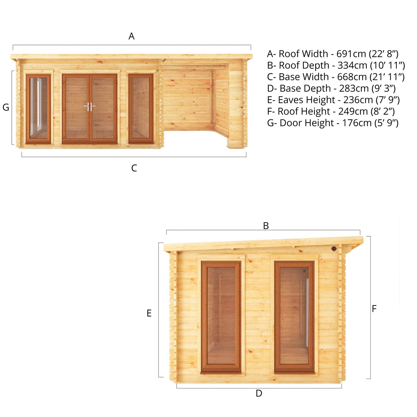 Mercia 7m x 3m Studio Pent Log Cabin With Patio Area - 44mm (UPVC Windows & Door) - Oak