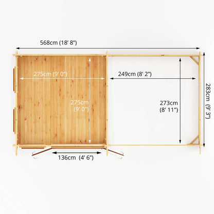 Mercia 6m x 3m Studio Pent Log Cabin With Slatted Area - 44mm (UPVC Windows & Door) - Oak