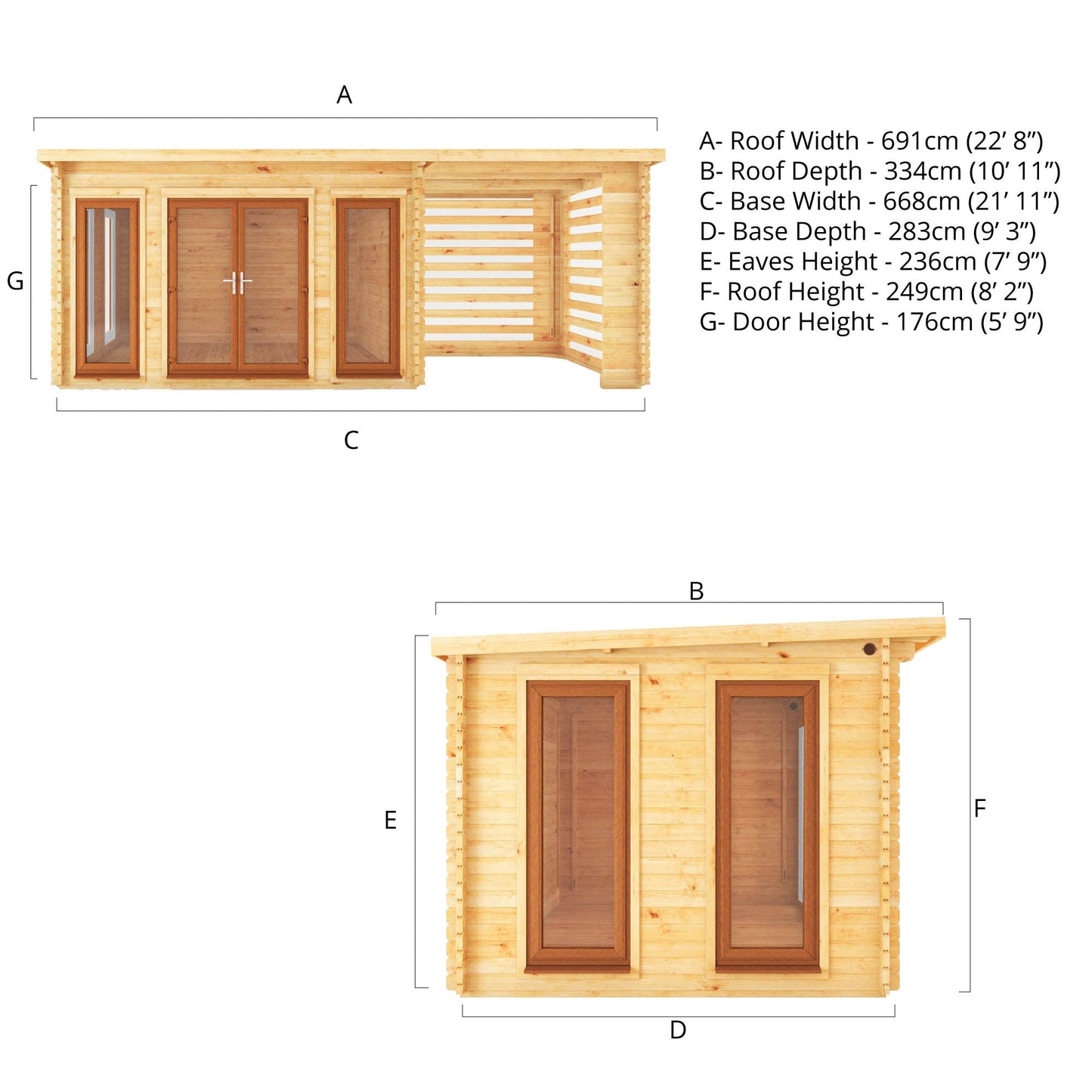 Mercia 7m x 3m Studio Pent Log Cabin With Slatted Area - 44mm (UPVC Windows & Door) - Oak