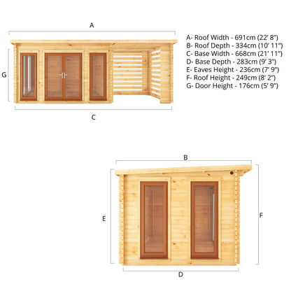 Mercia 7m x 3m Studio Pent Log Cabin With Slatted Area - 44mm (UPVC Windows & Door) - Oak