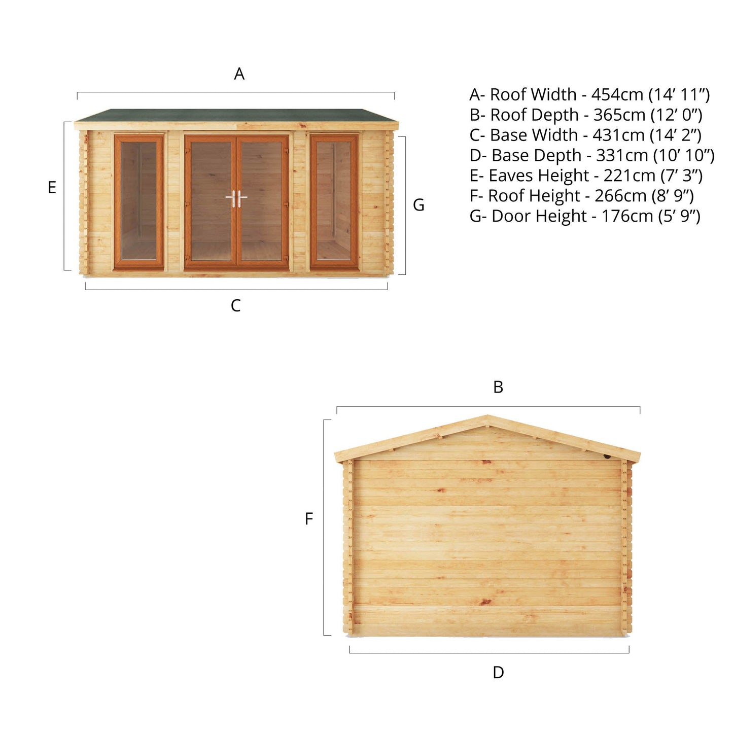 Mercia 4.5m x 3.5m Home Office Studio - 44mm  (UPVC Windows & Door) - Oak