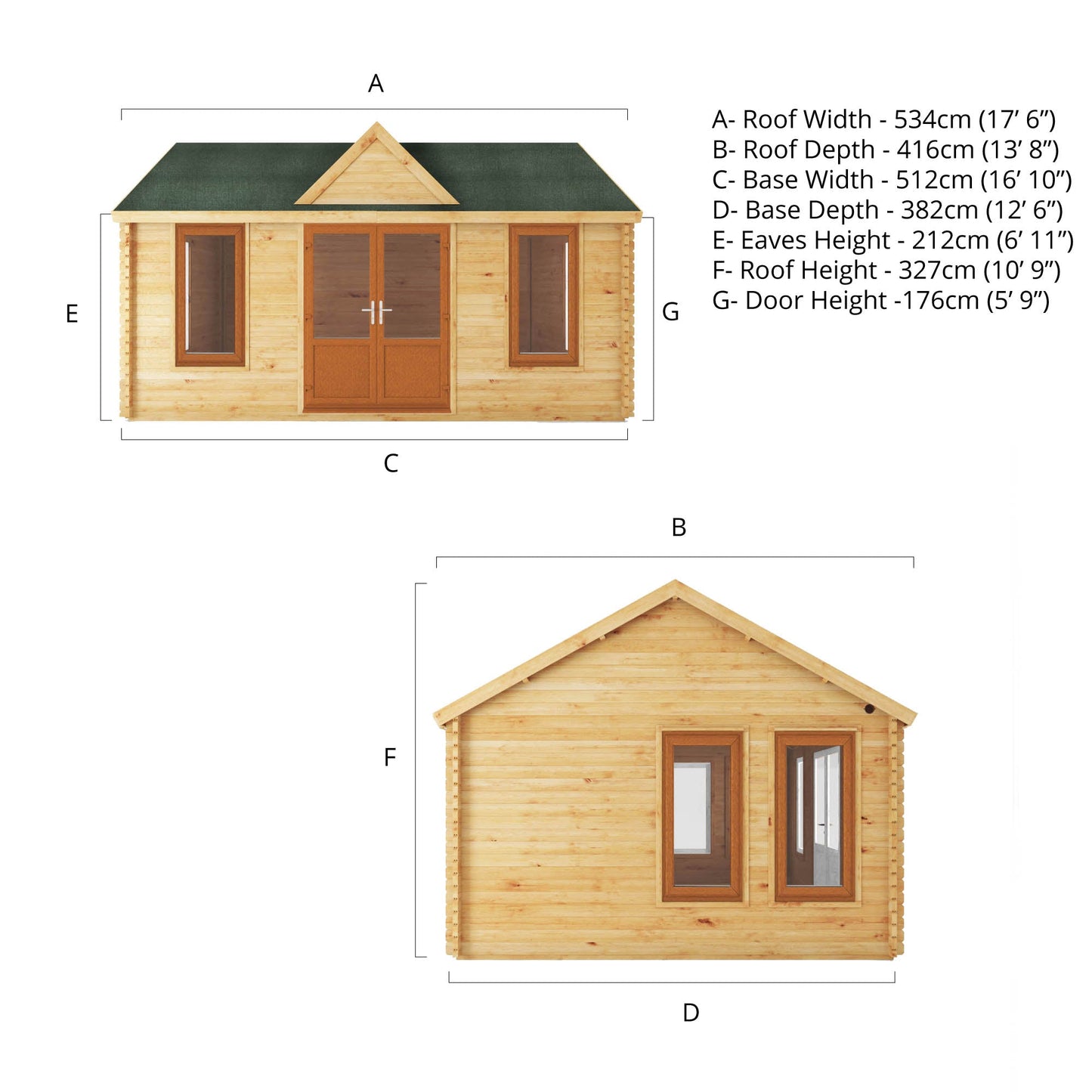 Mercia 5.3m x 4m Clock Tower Log Cabin - 44mm (UPVC Windows & Door) - Oak