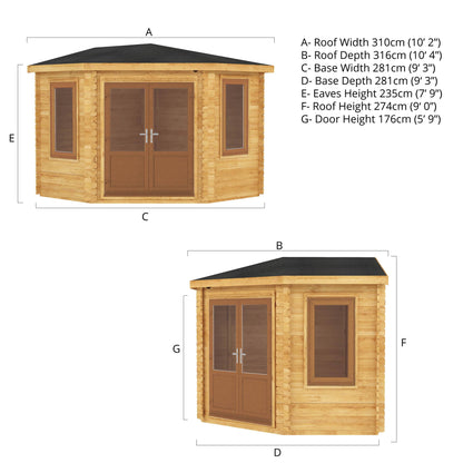 Mercia 3m x 3m Corner Cabin - 44mm (UPVC Windows & Door) - Oak