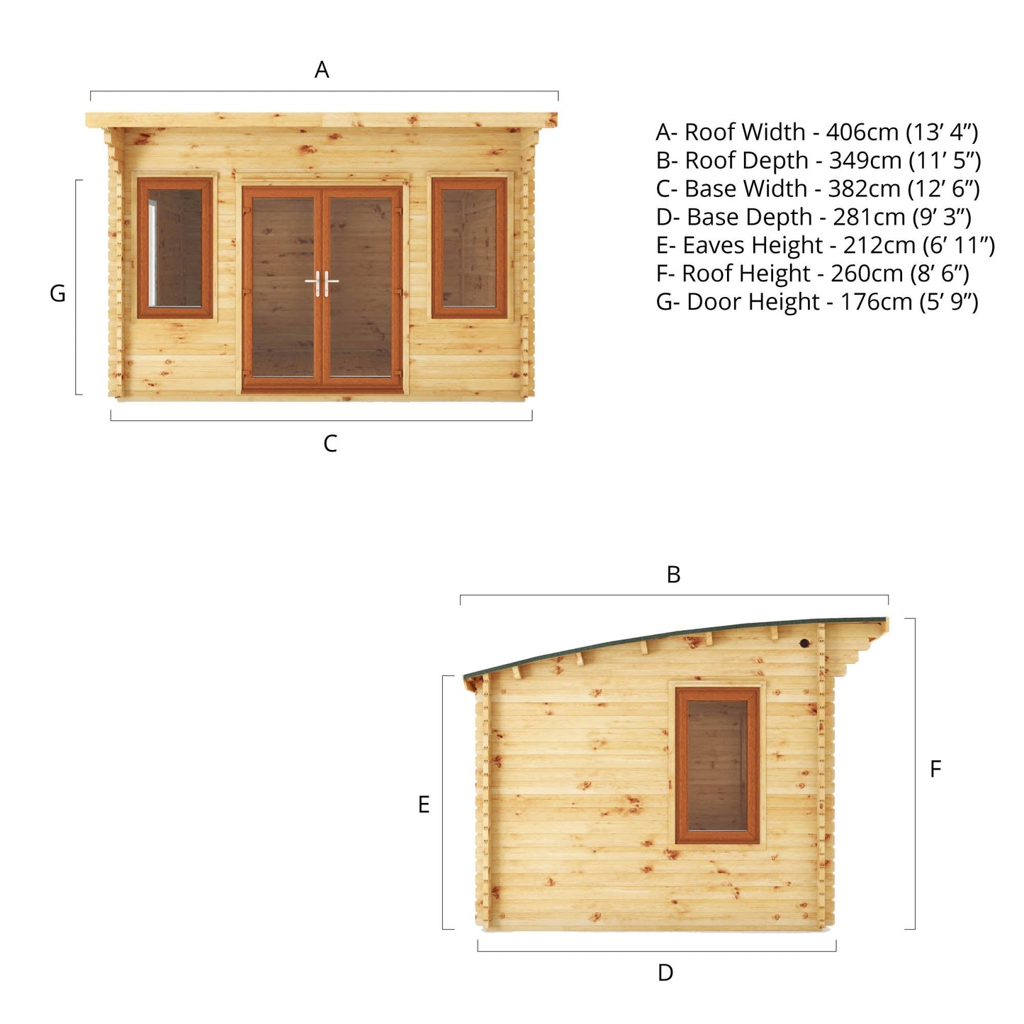 Mercia 4m x 3m Curved Roof Log Cabin - 44mm (UPVC Windows & Door) - Oak