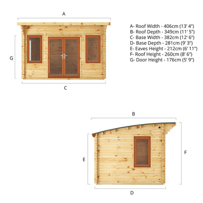 Mercia 4m x 3m Curved Roof Log Cabin - 44mm (UPVC Windows & Door) - Oak