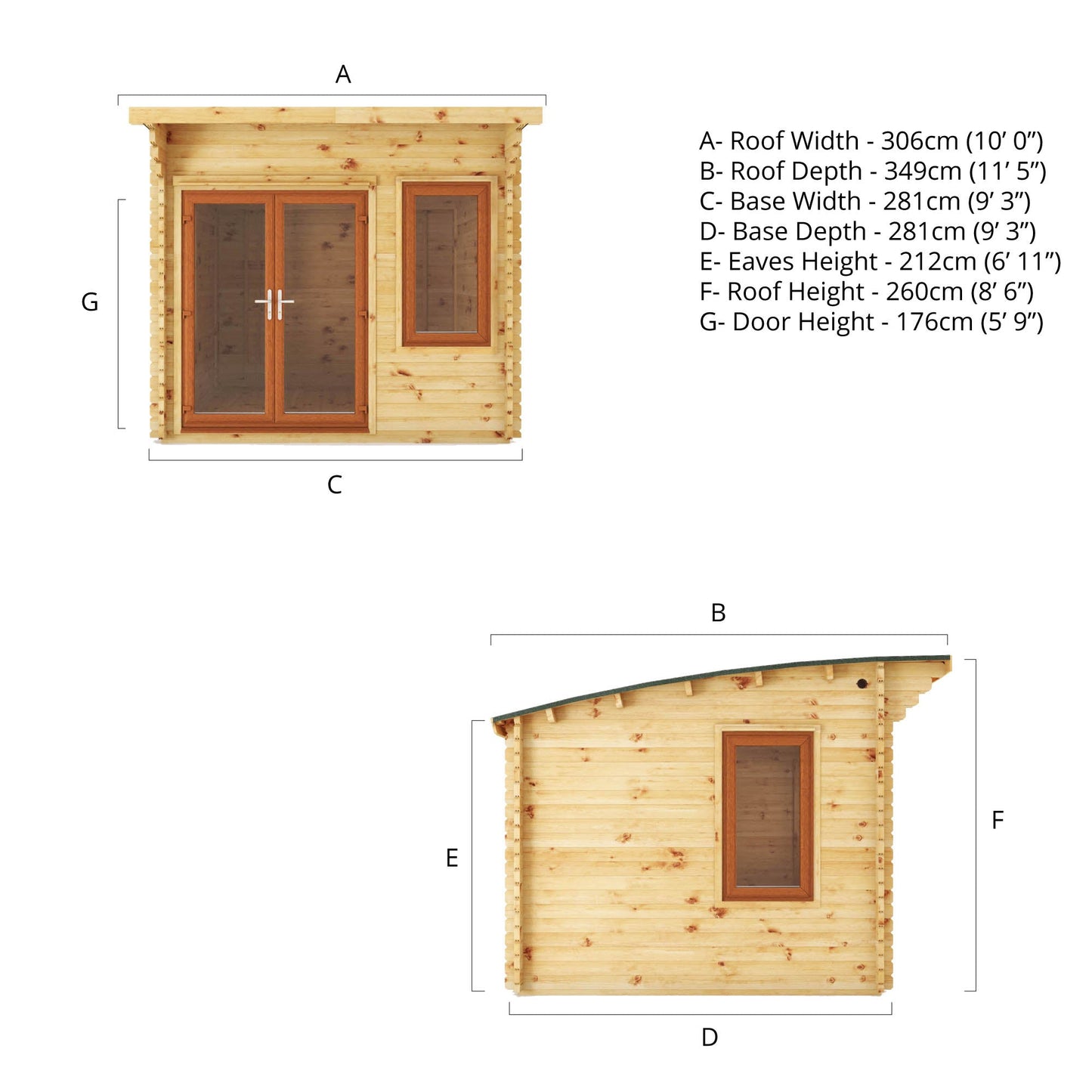 Mercia 3m x 3m Curved Roof Log Cabin - 44mm (UPVC Windows & Door) - Oak