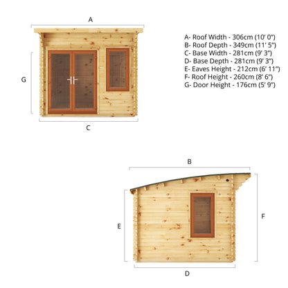 Mercia 3m x 3m Curved Roof Log Cabin - 44mm (UPVC Windows & Door) - Oak