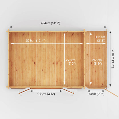 Mercia 5.1m x 3m Home Office Studio With Side Shed - 44mm (UPVC Windows & Door) - Oak