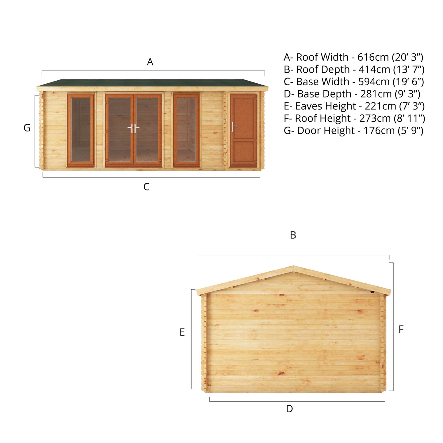 Mercia 6.1m x 4m Home Office Studio With Side Shed - 44mm (UPVC Windows & Door) - Oak
