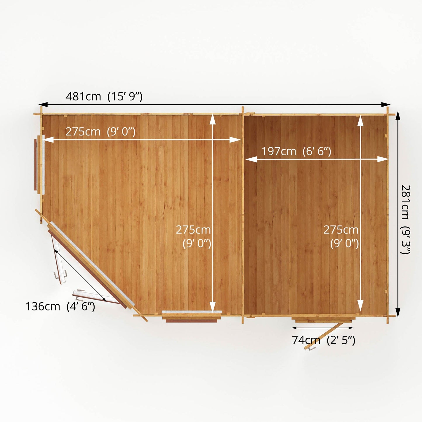 Mercia 5m x 3m Corner Lodge Log Cabin With Side Shed - 44mm (UPVC Windows & Door) - Oak